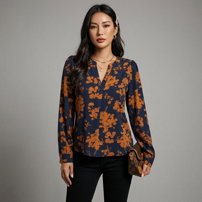 Blouse imprimée à col cranté manches longues bleu foncé - Mode Coréenne - Taille XL - Grande Taille