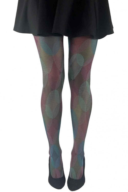 Psychedelic tights by gipsy worn by model on a white background