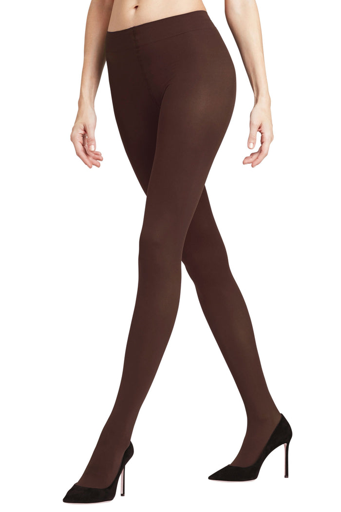 falke brown opaque smooth tights worn by a model on a white background