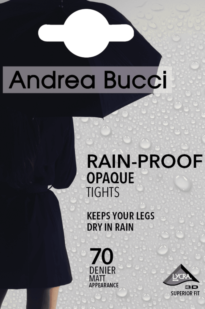 Rain proof 70 denier opaque tights by Andrea Bucci on a package with Andrea Bucci logo