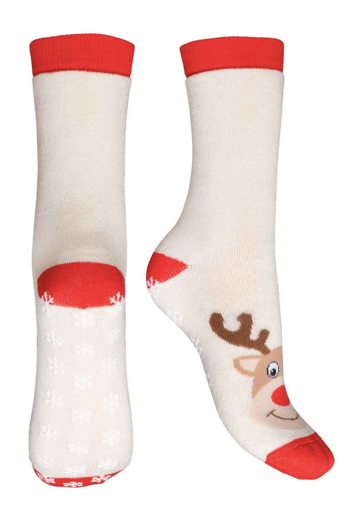 Cream socks with red accents and a reindeer design on a white background