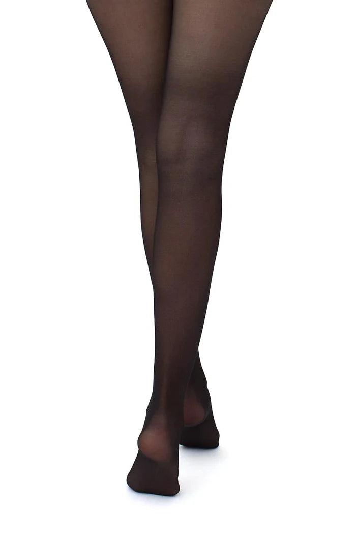 A close-up of a person's legs wearing sheer black tights against a plain white background.