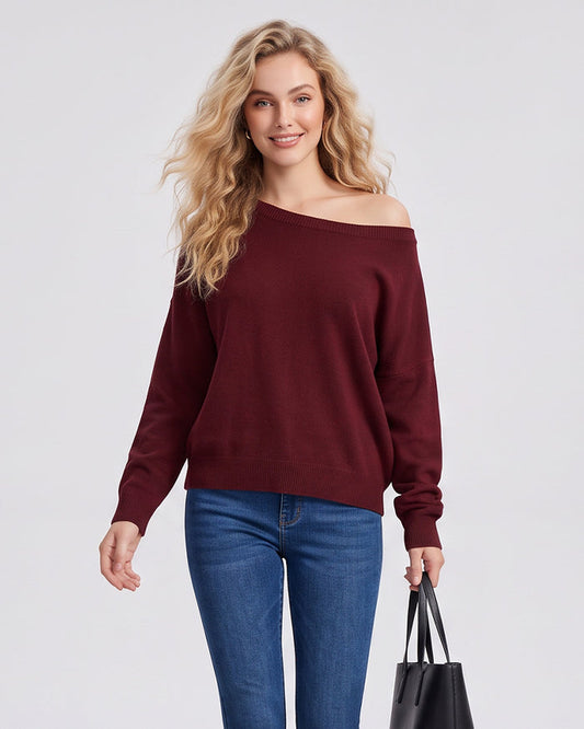 Relaxed Wide Scoop-Neck Drop-Shoulder Knit Sweater