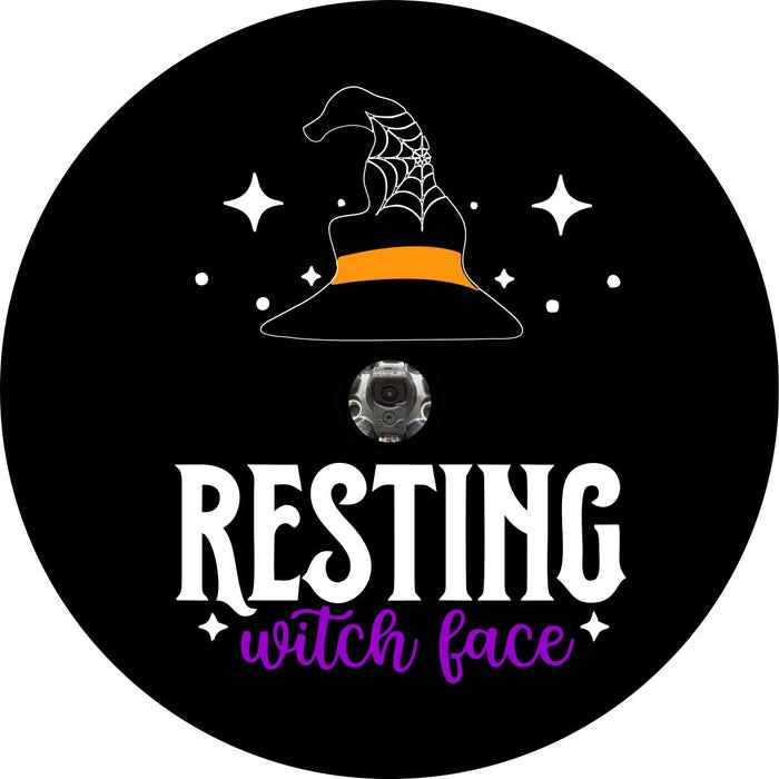 Resting witch face and a spooky witch hat spare tire cover design for the fall halloween season. This design is made to accommodate a back up camera.