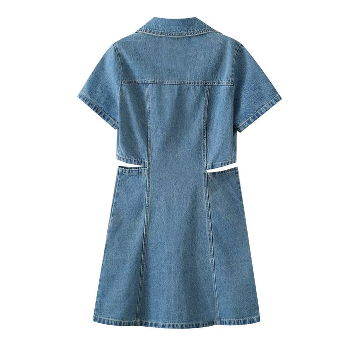 Retro Hong Kong Casual Mid Length Younger Denim Dress Women Summer
