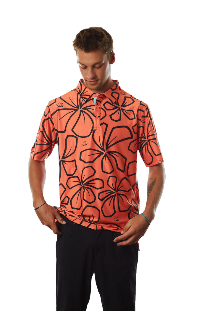 "Retro Plumeria" Coral - OGA Men's Polo - Coral Orange / Black