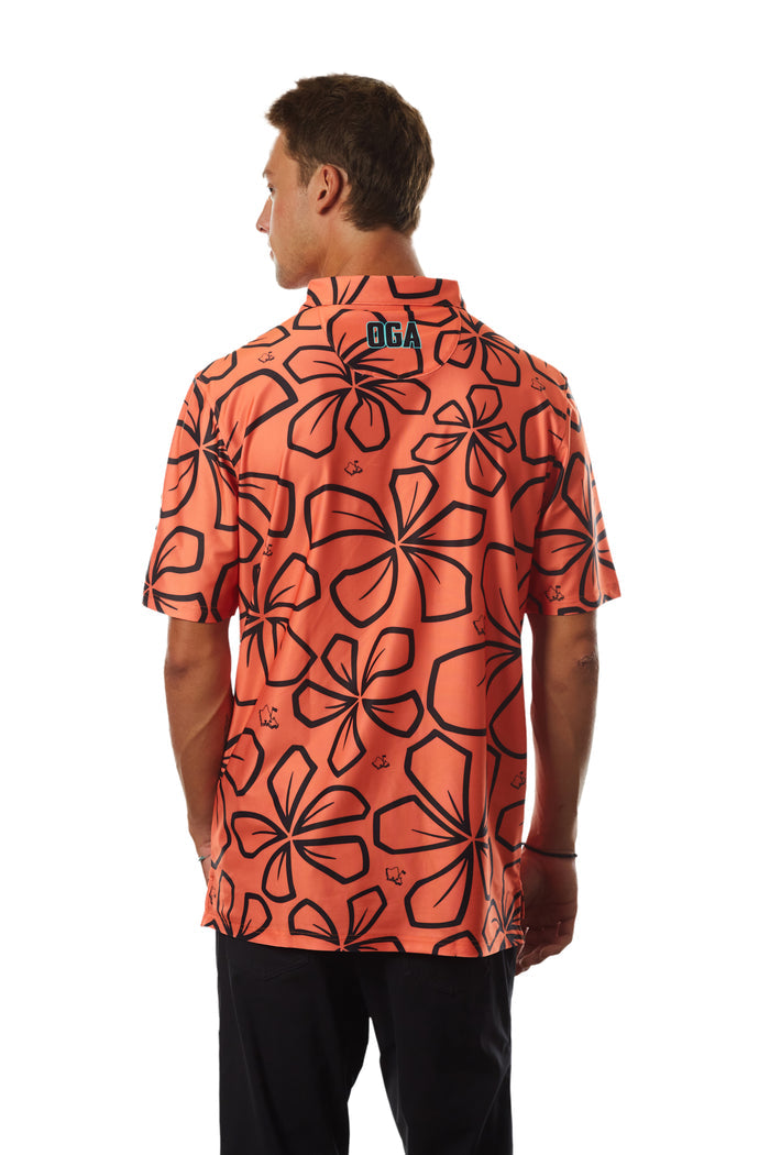 "Retro Plumeria" Coral - OGA Men's Polo - Coral Orange / Black
