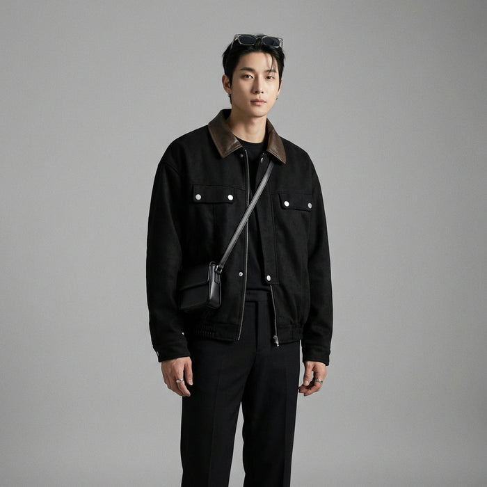 Veste col suède rétro mode coréenne, fermeture éclair, couleur noir ou rose. Vêtement streetwear unisexe. - Taille M