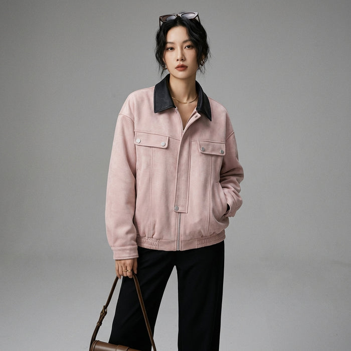Veste col suède rétro mode coréenne, fermeture éclair, couleur noir ou rose. Vêtement streetwear unisexe. - Taille M