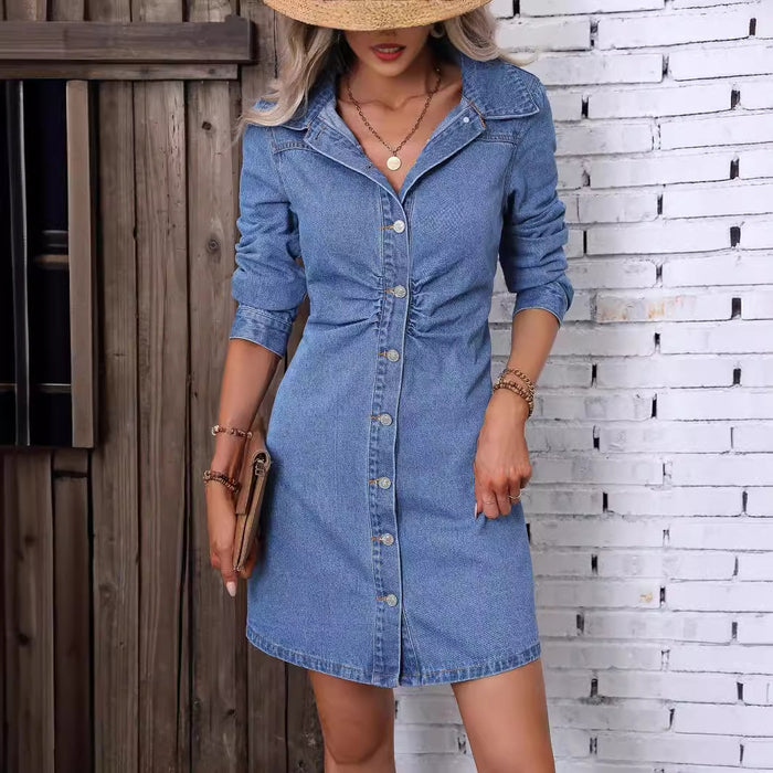 Retro Waist Controlled Slimming Long Sleeve Denim Dress