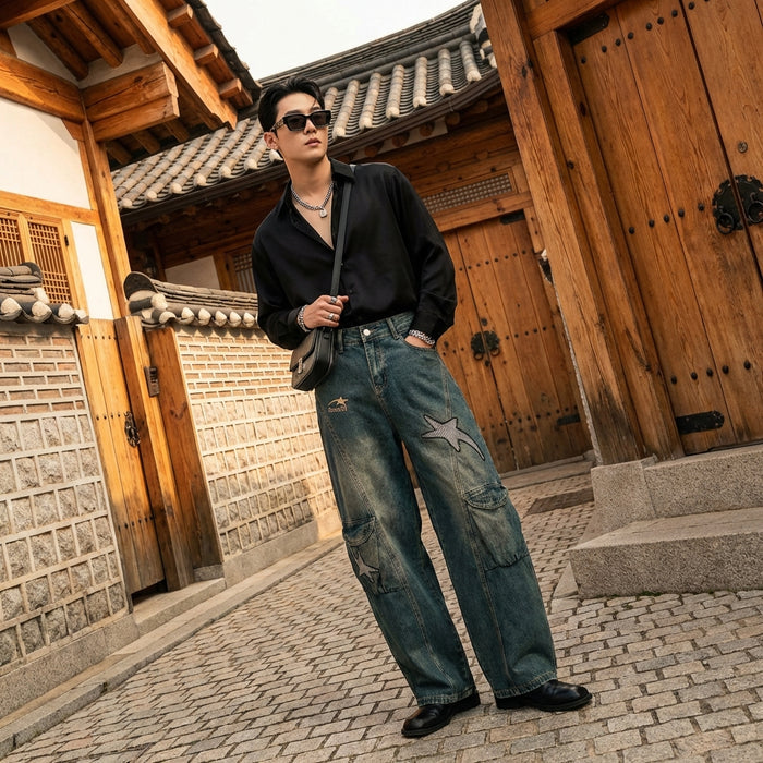 Pantalon denim large rétro bleu délavé homme - Koreanxwear