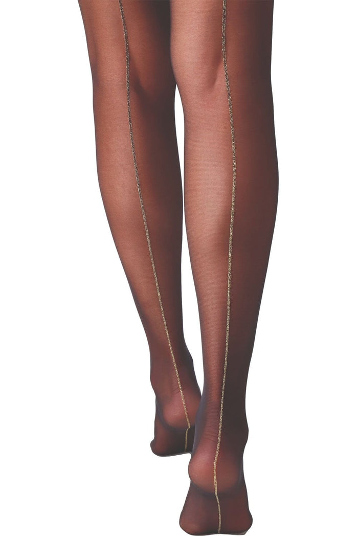 Tights with gold backseam on a white background