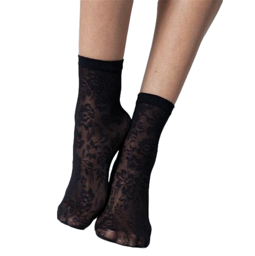 Black lace socks worn by a model on a black/grey background