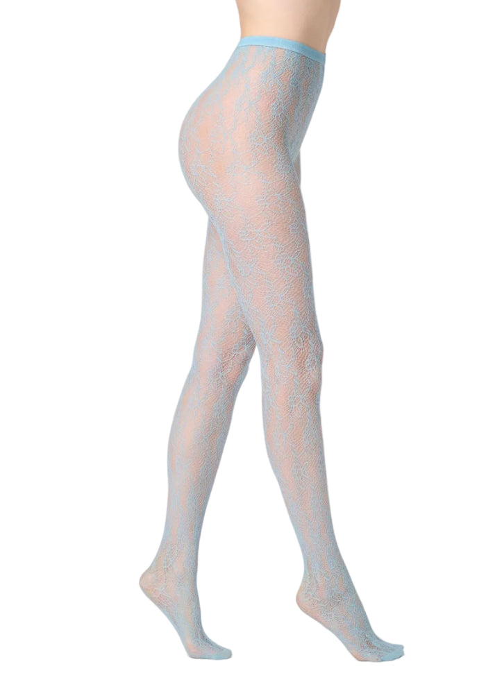 Rosy net patterned tights worn by a person on a white background