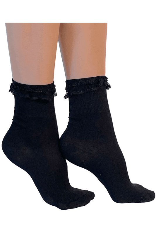 Black socks with ruffled top on a white background