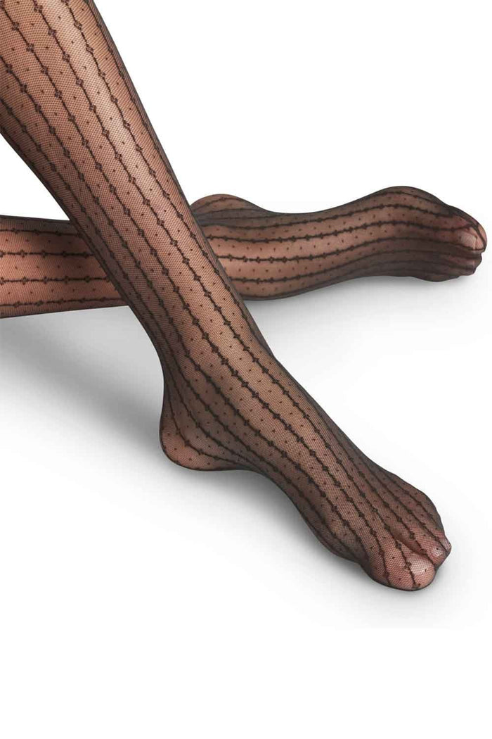 Black patterned hold ups on a white background