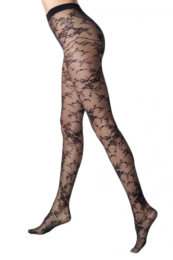 Seductive black Lace Tights By Oroblu on a white background