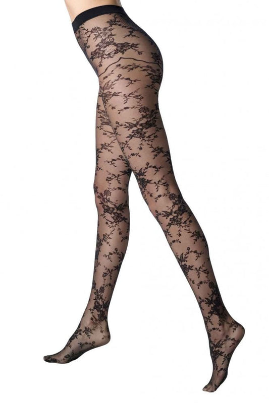 Seductive black Lace Tights By Oroblu on a white background