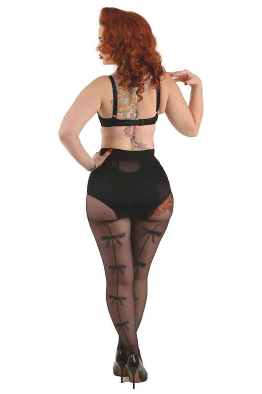 Woman wearing sheer bow backseam tights  on a white background