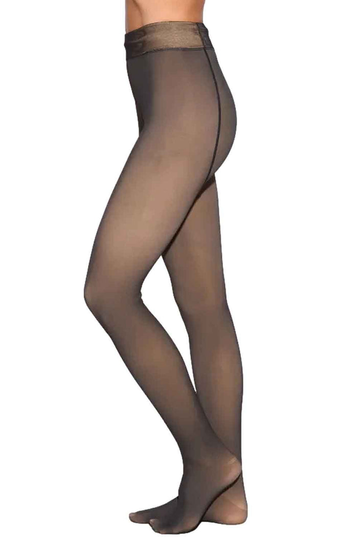 Sheer  fleece lined tights worn by a model on a white background
