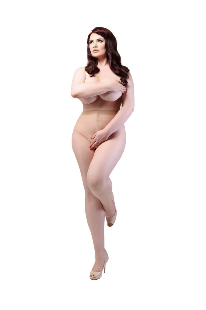 Woman wearing Miss Naughty  natural crotchless tights  on a white background