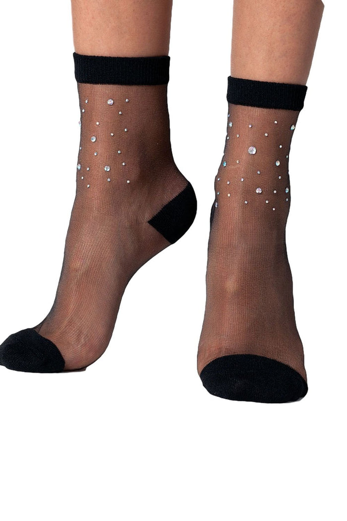 Black sheer ankle socks with jewelled embellishments on a white background