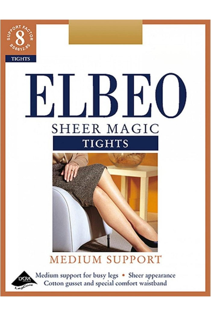 Elbeo sheer magic support tights packaging with a model wearing the tights.