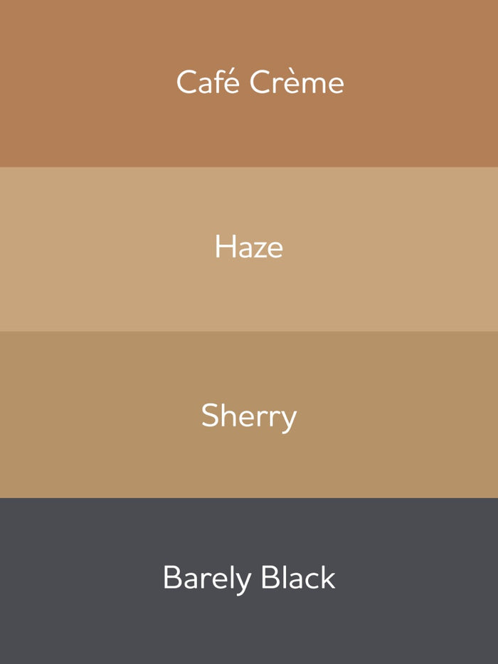 Color swatches labeled 'Café Crème', 'Haze', 'Sherry', and 'Barely Black' on a gradient background.