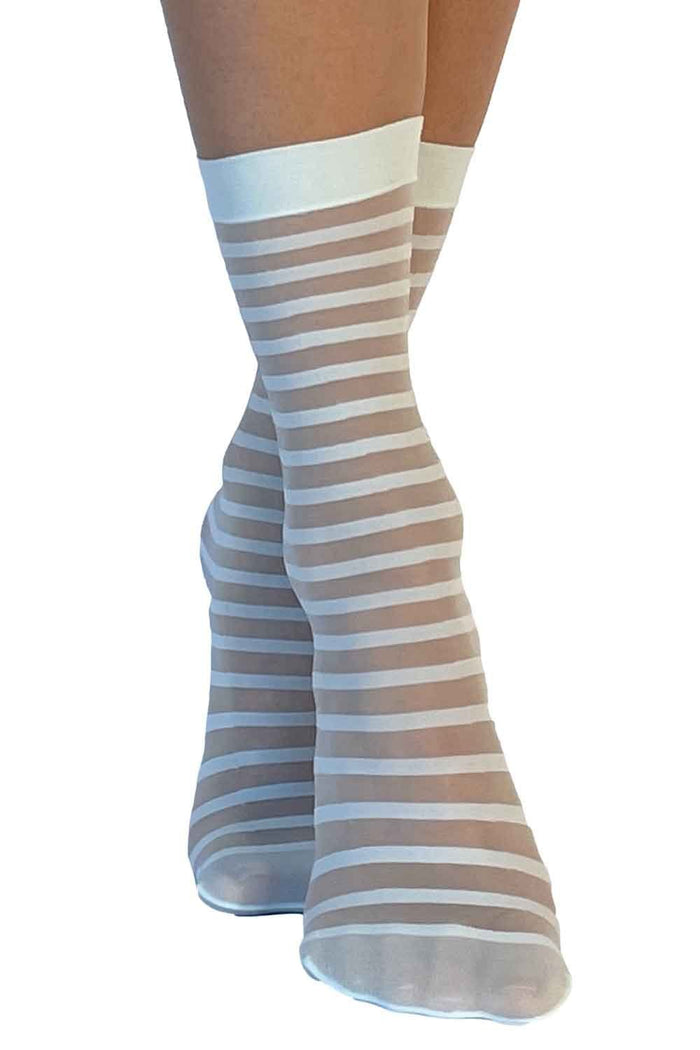Striped mint coloured  socks worn by a model on a white background