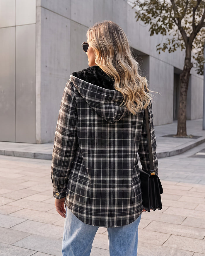 Sherpa-Lined Plaid Hooded Shacket