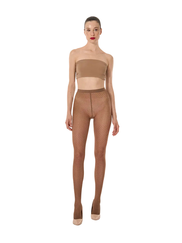 Wolford patterned sable gold tights in a shimmer effect on a white background