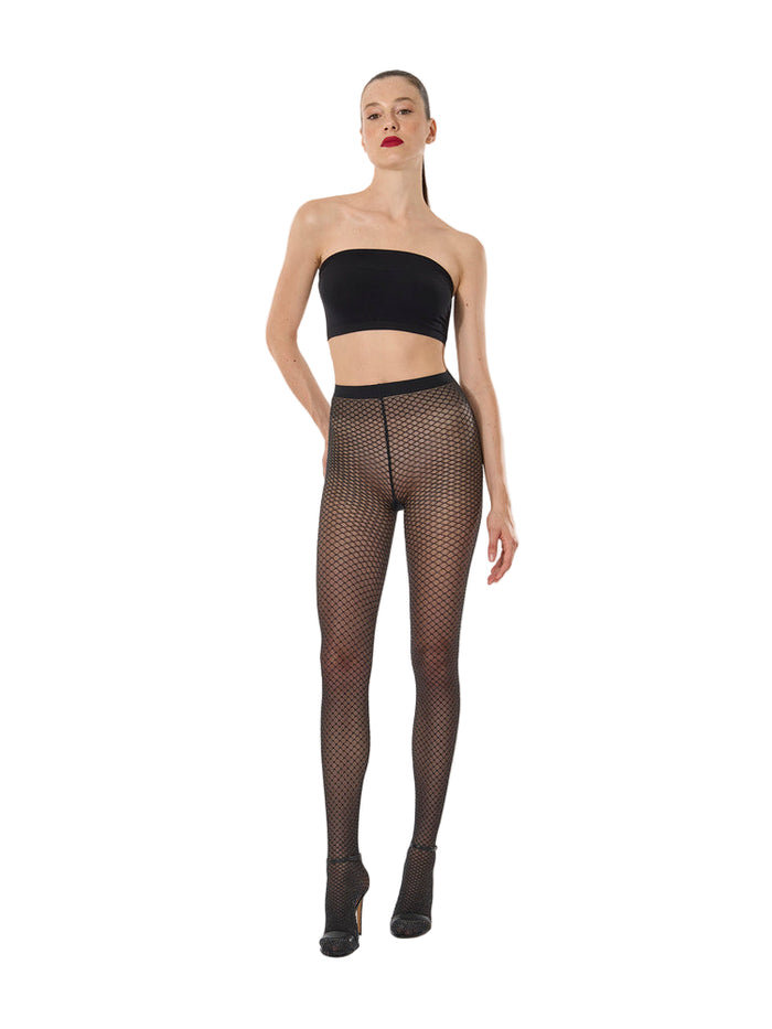Wolford Shimmer Effect Tights in black silver on a white background