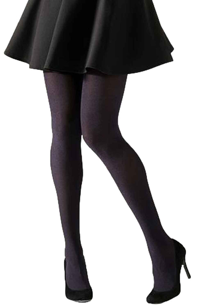 Model  wearing purple shimmering tights and high heels on a white background