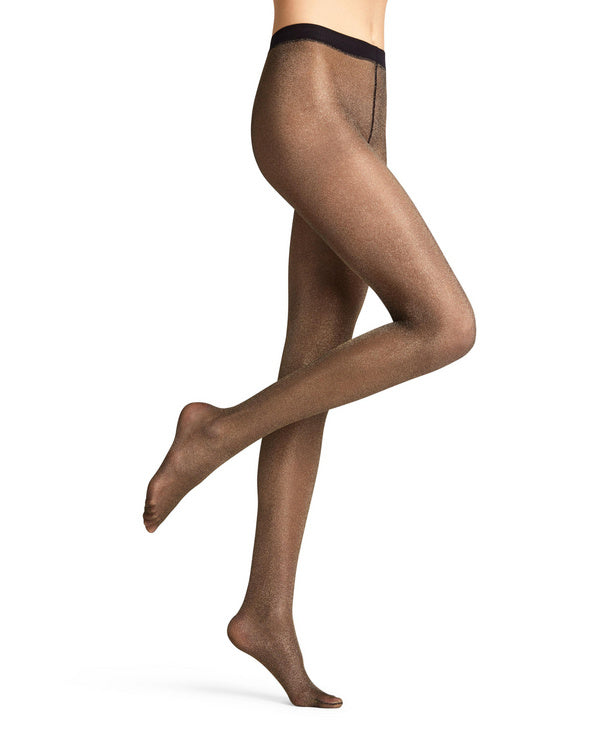 Falke shimmering gold/black glitter tights worn by a person on a white background