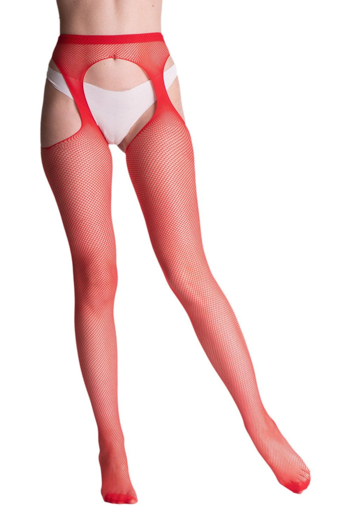Red silene strip panty fishnet tights on a white background