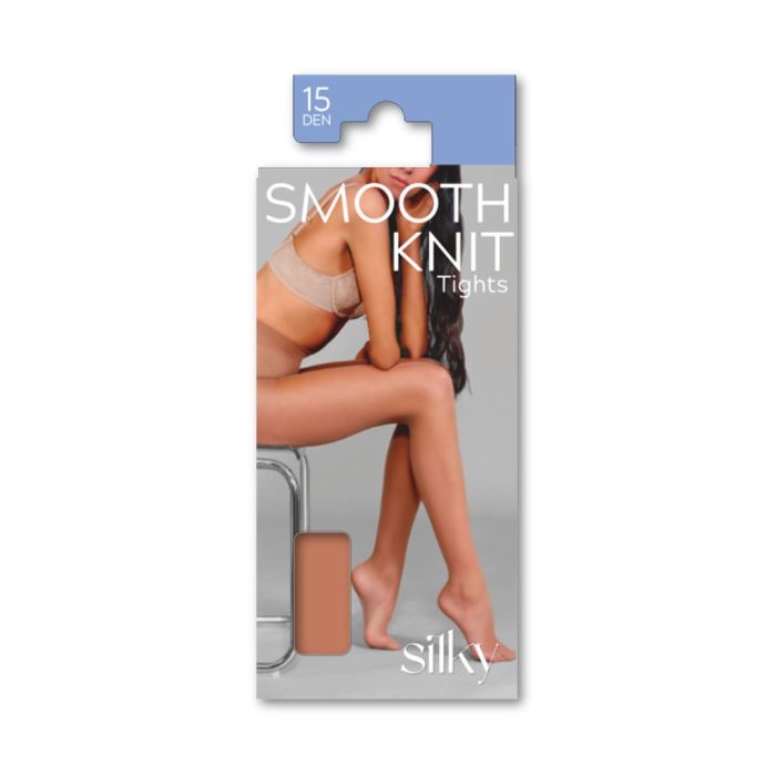 Silky smooth 15 denier knit tights on packaging with a model wearing the tights.