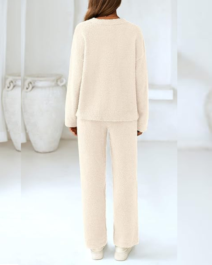 Soft Fuzzy V-Neck Loungewear Set