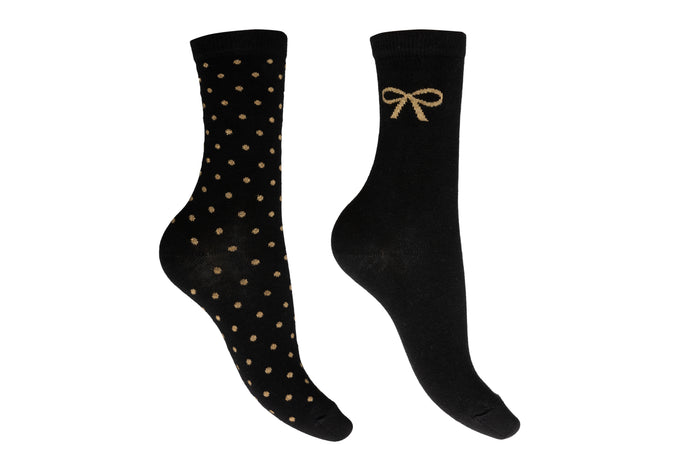 Black with gold  Sparkle spot and bow socks in a two pack pair