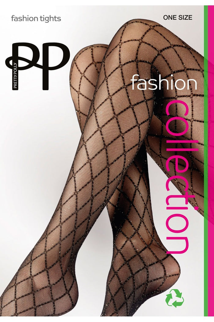 Patterned fashion tights with Pretty Polly branding on a white background