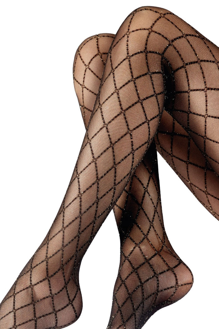Black/gold sparkly tights with black/gold sparkly diamond mesh tights on a white background