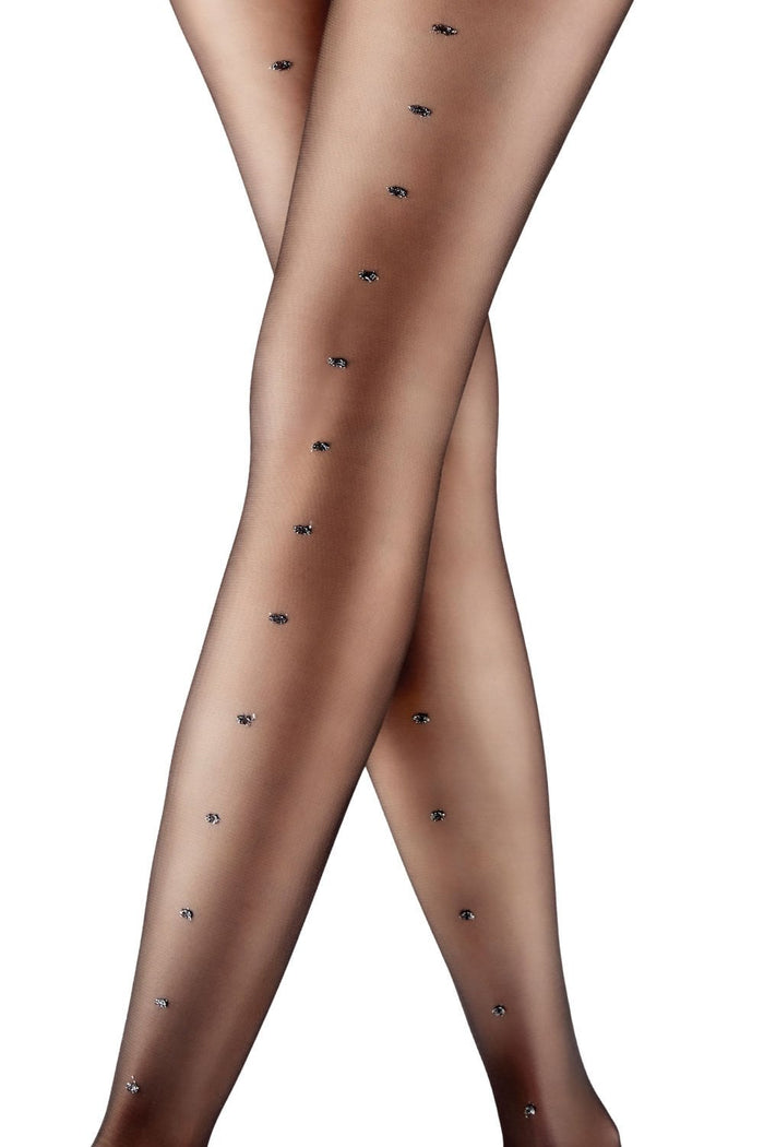 Sheer tights with small sparkly  dot backseam on a white background