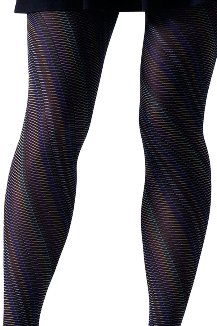 Tights with thin multicolored stripes on a white background