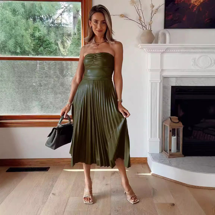 Spring Autumn Wrapped Chest Pleated Leather Dress Casual Loose All Matching Dress Women