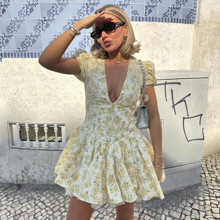 Spring French Slim Fit Dress Fashionable Floral V Neck Dress Women