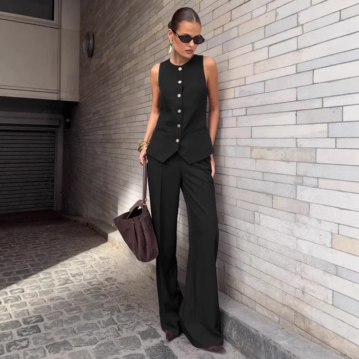 Spring Summer Office Vest Wide Leg Pants Two Piece Set