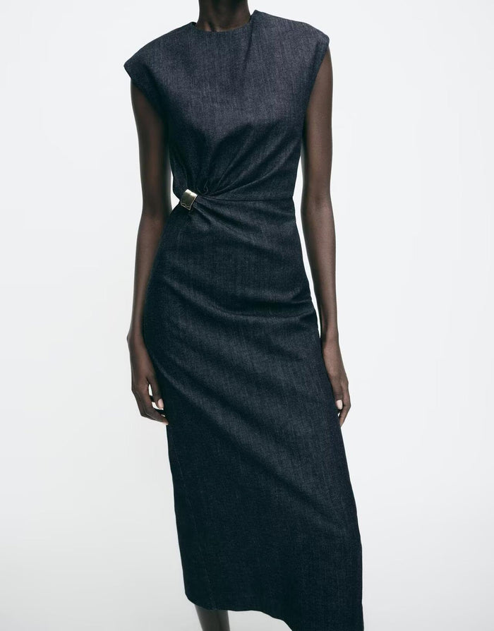 Spring Women Clothing Gold Inlaid Denim Midi Dress Dress