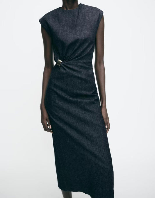 Spring Women Clothing Gold Inlaid Denim Midi Dress Dress