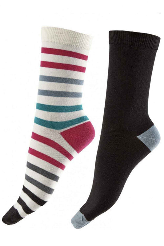 Two pairs of socks, one striped and one black, on a white background.