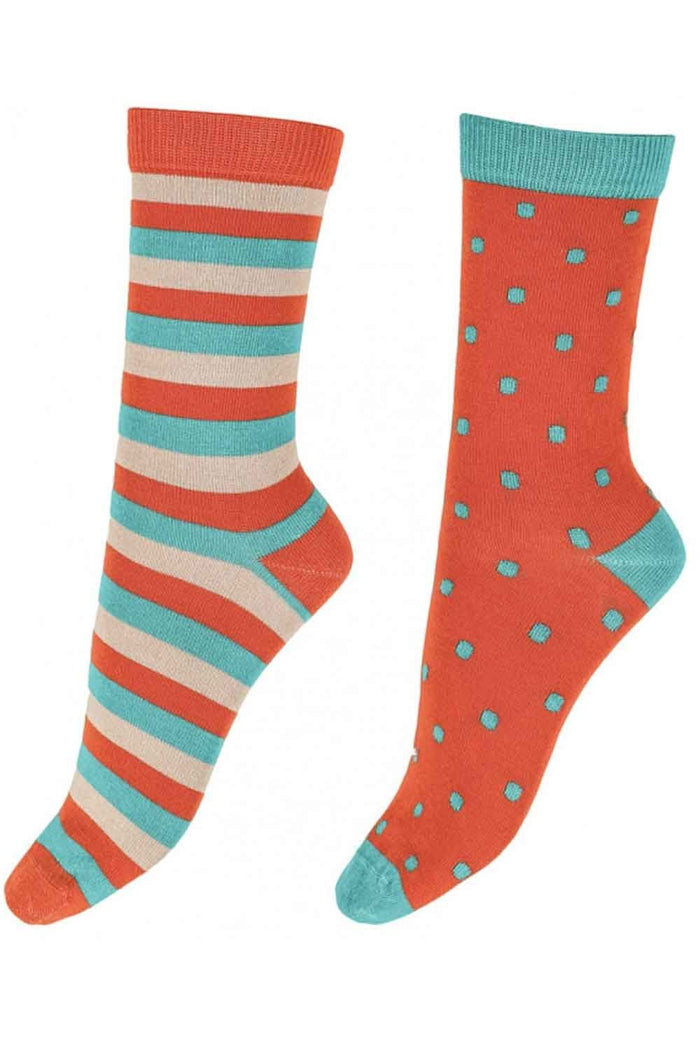 Two pairs of colorful socks with stripes and polka dots on a white background