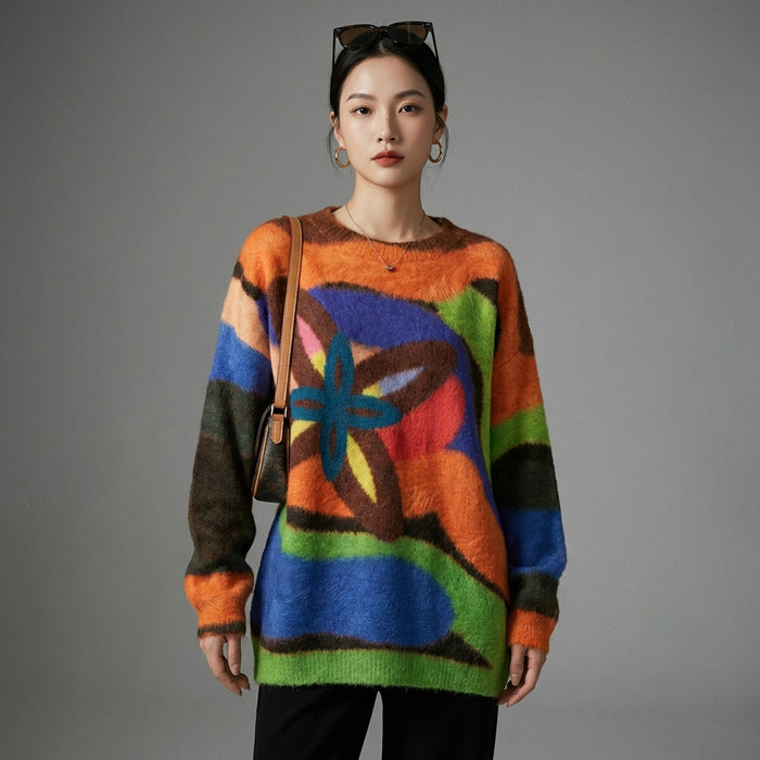 Pull oversize à rayures irrégulières multicolores pour femme - Koreanxwear - Taille One Size
